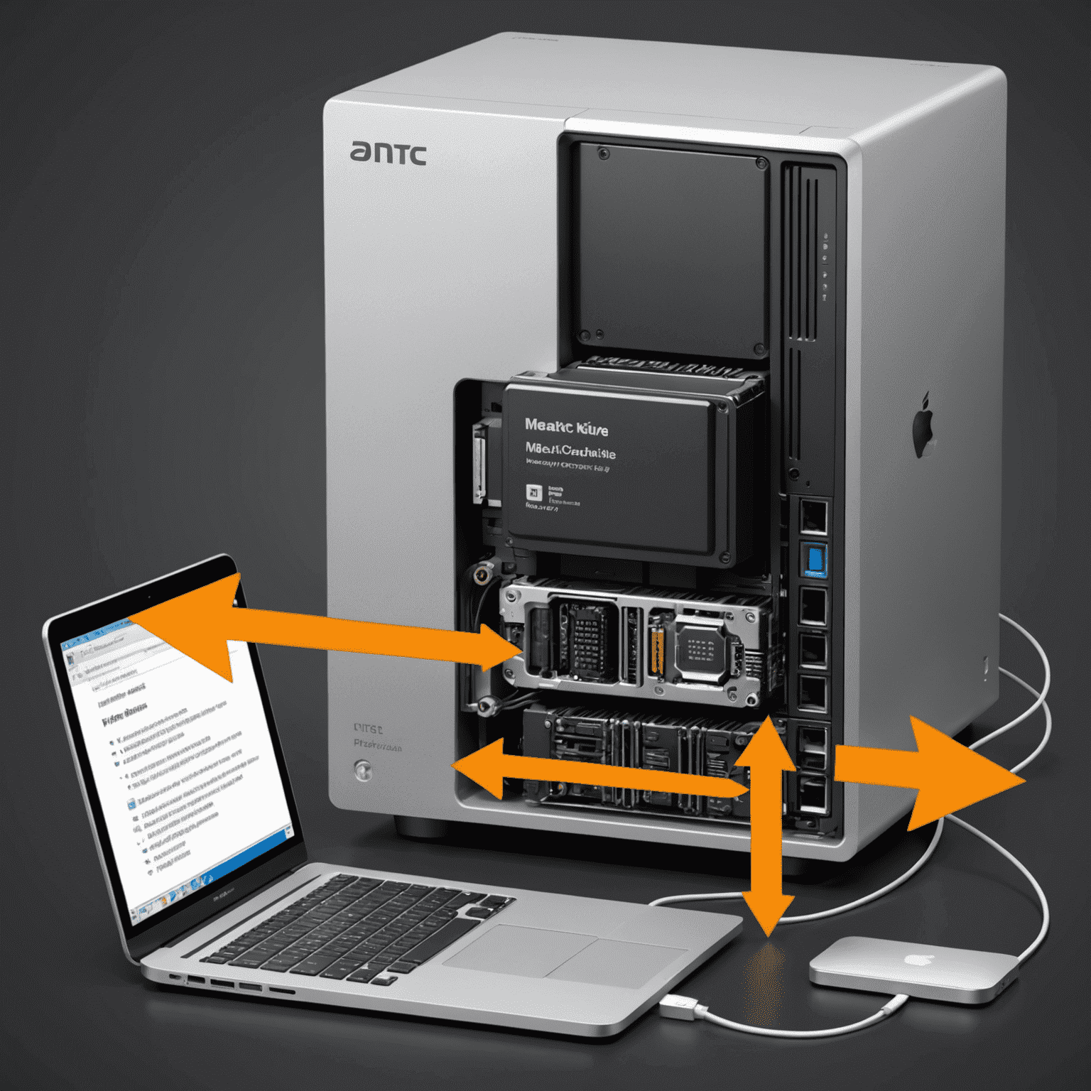 Illustration showing NTFS drive connected to a Mac computer with arrows indicating read and write capabilities